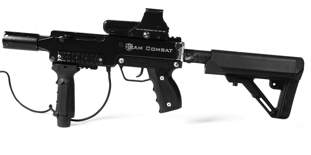 Military grade, replica weight laser tag tagger with optical scope adjustable stock and recoil imitation